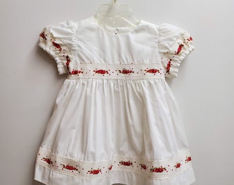 Vintage Girls White Dress with  Red Floral Trim and Lace- Size 3t- Gently Worn- Handmade- Valentines Day Party Dress- Classic 60s