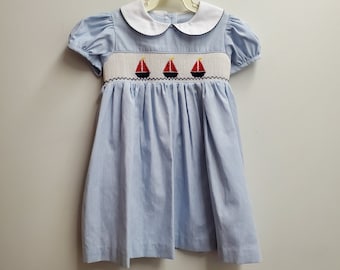 Vintage Girls Blue Smocked Dress with Sailboats and Peter Pan Collar By Betti Terrell- Size 18 months- Gently Worn- Classic- Nautical- Sail