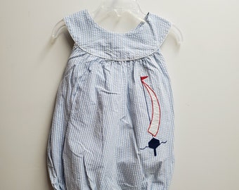 Vintage Girls Blue Seersucker Stripe Romper with Sailboat Applique by Liliputian Bazaar- Size 4t- Gently Worn- Classic Summer Bubble Suit-