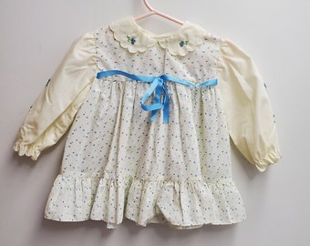 Vintage Girls Blue Floral Dress with Long Sleeves and Empire Waist by Nannette- Size 12 months- Gently Worn- Easter Dress- Farm Country