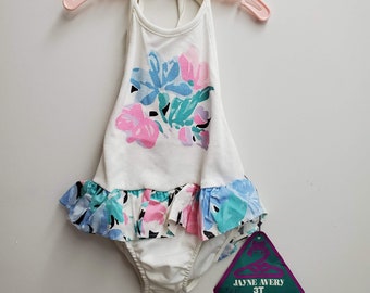 Vintage Girls Bathing Suit with Flowers and Peplum Skirt by Jayne Avery - Size 3t- New with Tags- Swim- Summer- Playsuit