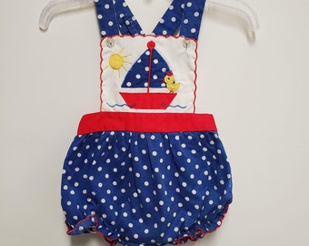 Vintage Girls Blue Polka Dot Romper with Sailboat and Duck by Cradle Togs- Size 9 months- Classic Summer Bubble Suit- Nautical