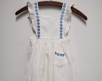 Vintage Girls Semi-Sheer White Cotton Pinafore with Blue Floral Trim and Pocket- Handmade- Size 3t- Gently Worn- Birthday- Summer- Party