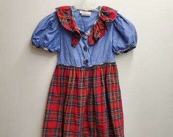 Vintage Girls Red Plaid Flannel and Chambray Denim Dress by Rare Editions- Size 5- Back to School- 90s Christmas Dress- Country Party