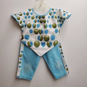Vintage Girls Tunic and Pants in Turquoise with Fruit- Apples- Size 3t/4t- Gently Worn- Play- V shapes- Garden- Summer- watermelon-