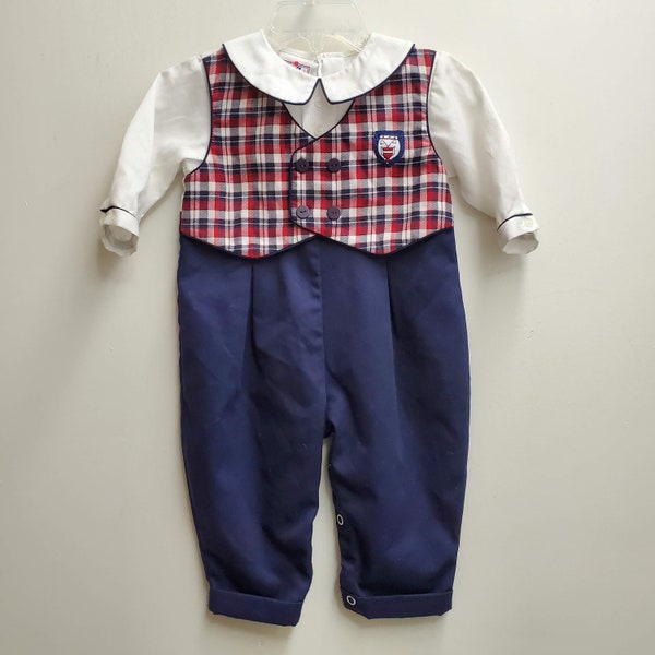 Vintage Boys Navy Blue Suit Romper with Plaid Vest by Petit Ami- Size 6 months- Gently Worn- Christmas Outfit- infant-