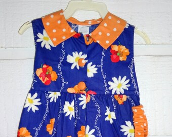 Vintage Girls Blue Romper and Headband with Daisies and Orange Polka Dots - Size 2t-  New, never worn