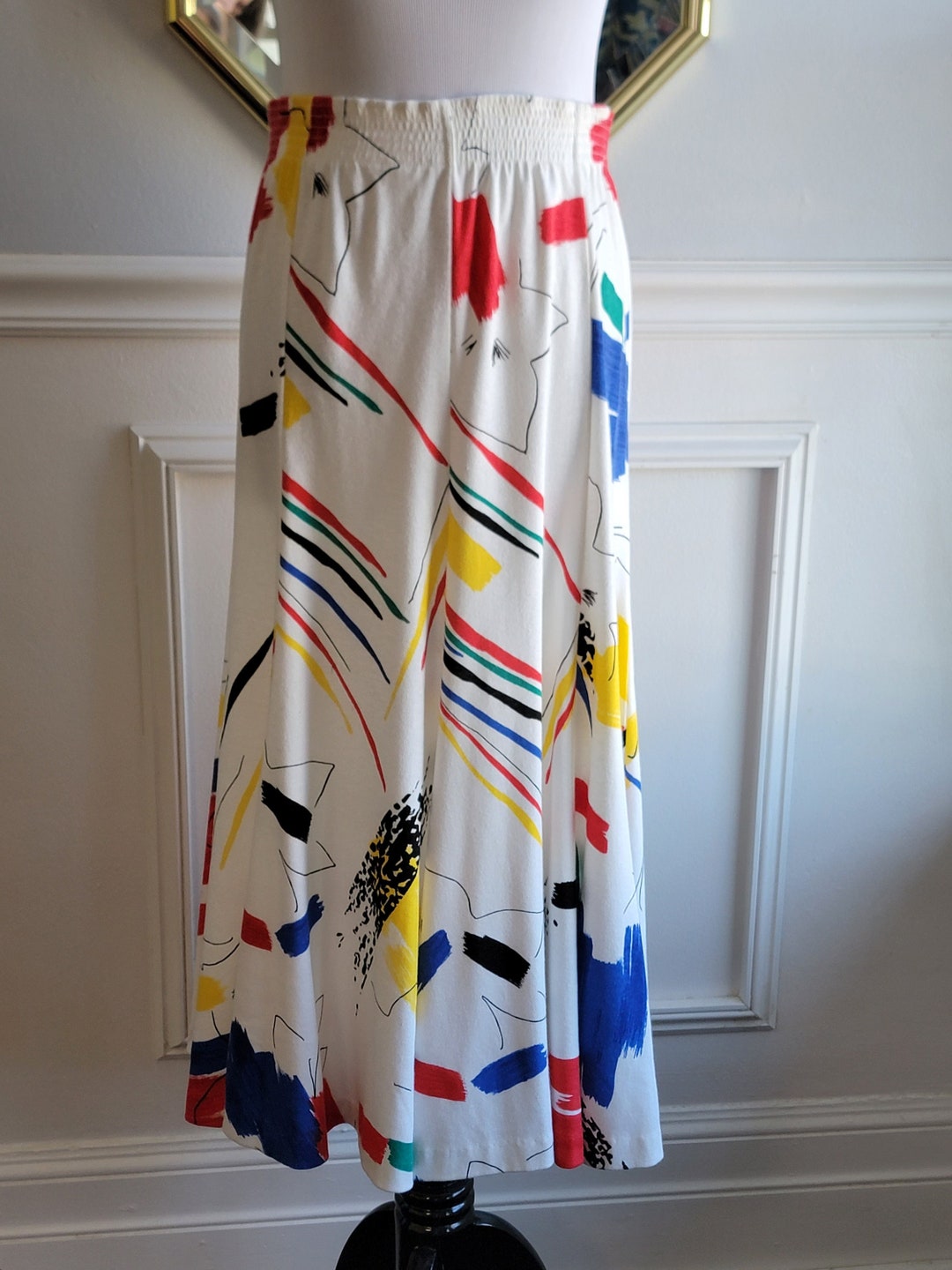 Vintage 80s Womens Long Abstract Graphic Print Knit Skirt by Peter Popovitch Size M Gently Worn