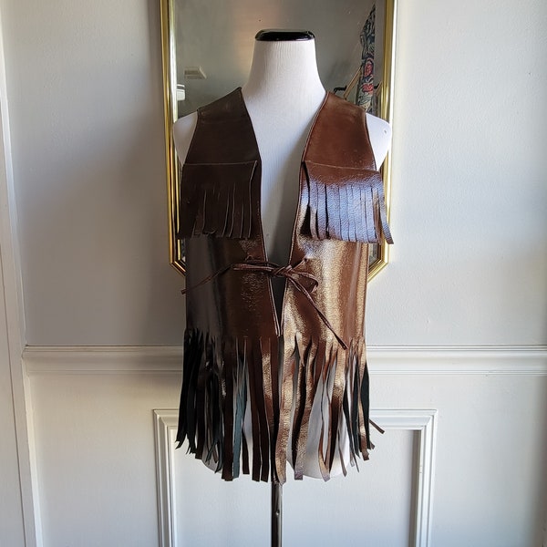 Vintage Women's Brown Faux Leather Fringe Vest- Size Medium- Union Made- Hippie Retro- Western- 60s 70s- Costume Cowgirl