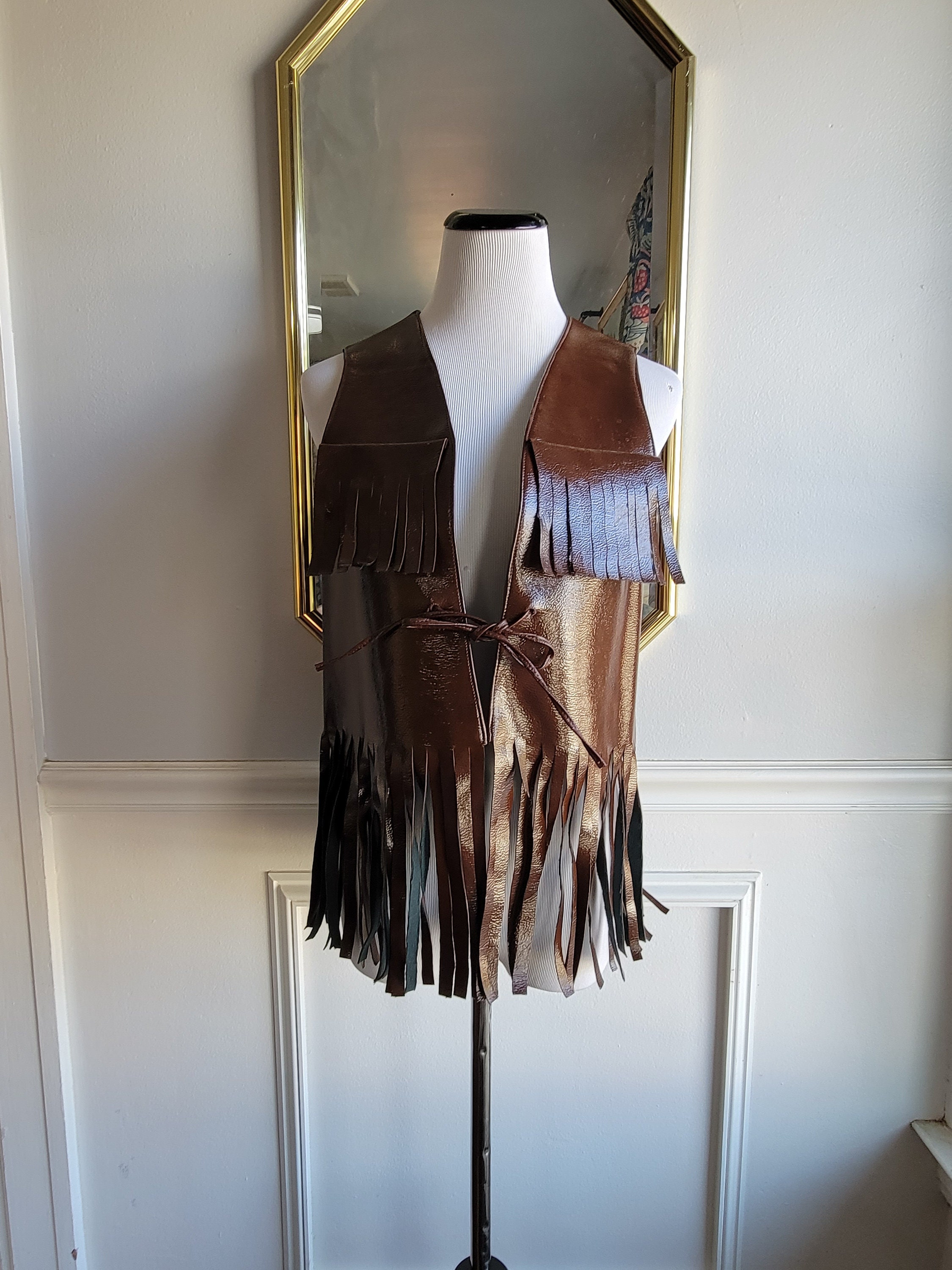 Vintage Faux Leather Fringe Vest: 60s 70s Hippie Western, Size