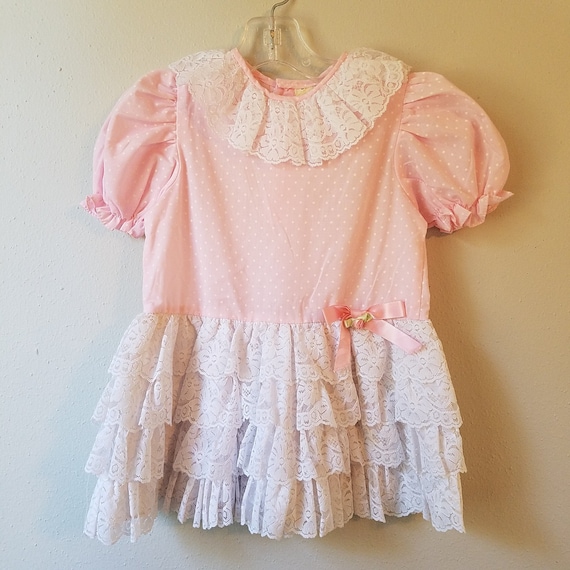 Vintage Girls Pink Dotted Dress with Tiered Ruffl… - image 1