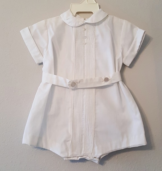 Vintage Baby Boys White Romper with Pintucks and Belt by C.I.