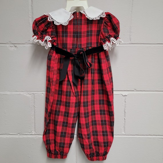 Vintage Girls Red and Black Plaid Romper with Sco… - image 4