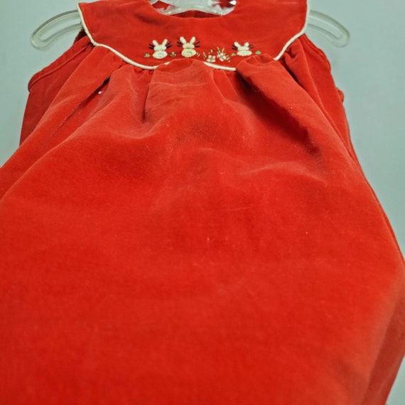 Vintage Girls Red Velvet  Dress with Embroidered … - image 3