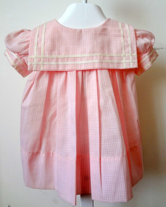 Vintage Girls Pink Gingham Check Sailor Dress-  A… - image 2