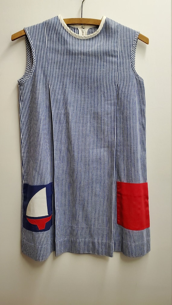 Vintage Girls Chambray Blue Striped Shift Dress wi