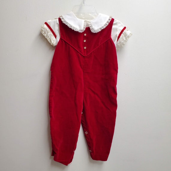 Vintage Girls Red Velvet Romper Pants with White … - image 1