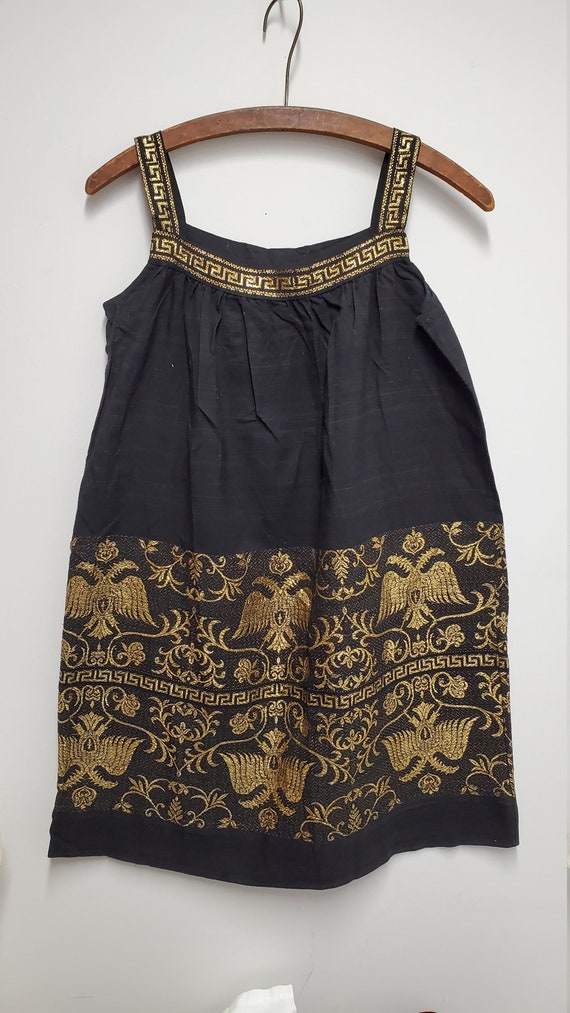 Vintage Girls Black Linen-like Dress with Gold Et… - image 2