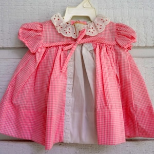 Vintage pink gingham dress with white eyelet lace- Size 0 newborn- new, never worn image 1