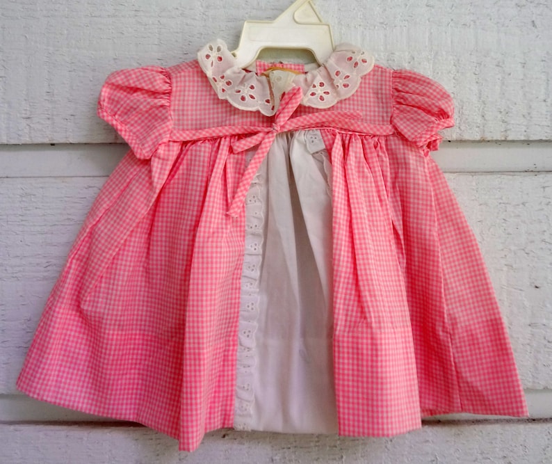 Vintage pink gingham dress with white eyelet lace- Size 0 newborn- new, never worn image 1