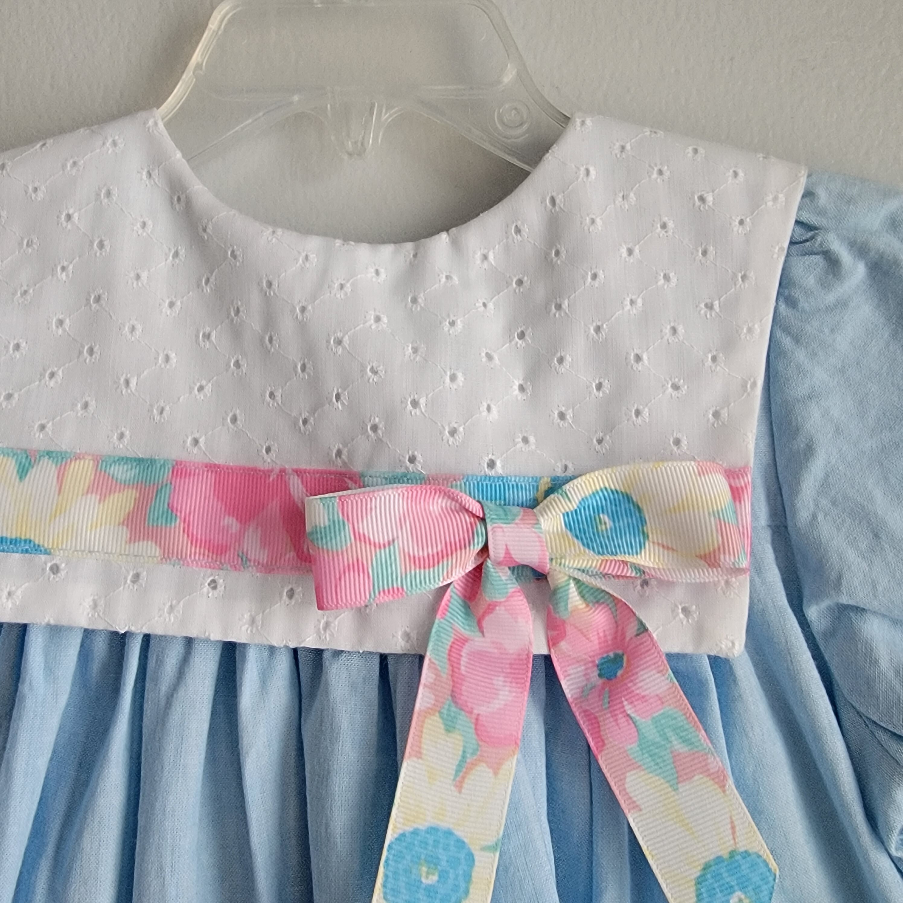 Vintage Girls Blue Chambray Dress With Eyelet Lace Trimmed