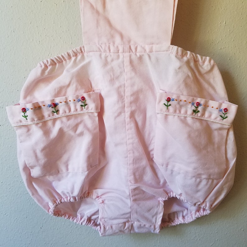 Size 18 months Vintage 1950s Girls Pink Romper with Embroidered Flowers by Gluckspilz Gently Worn