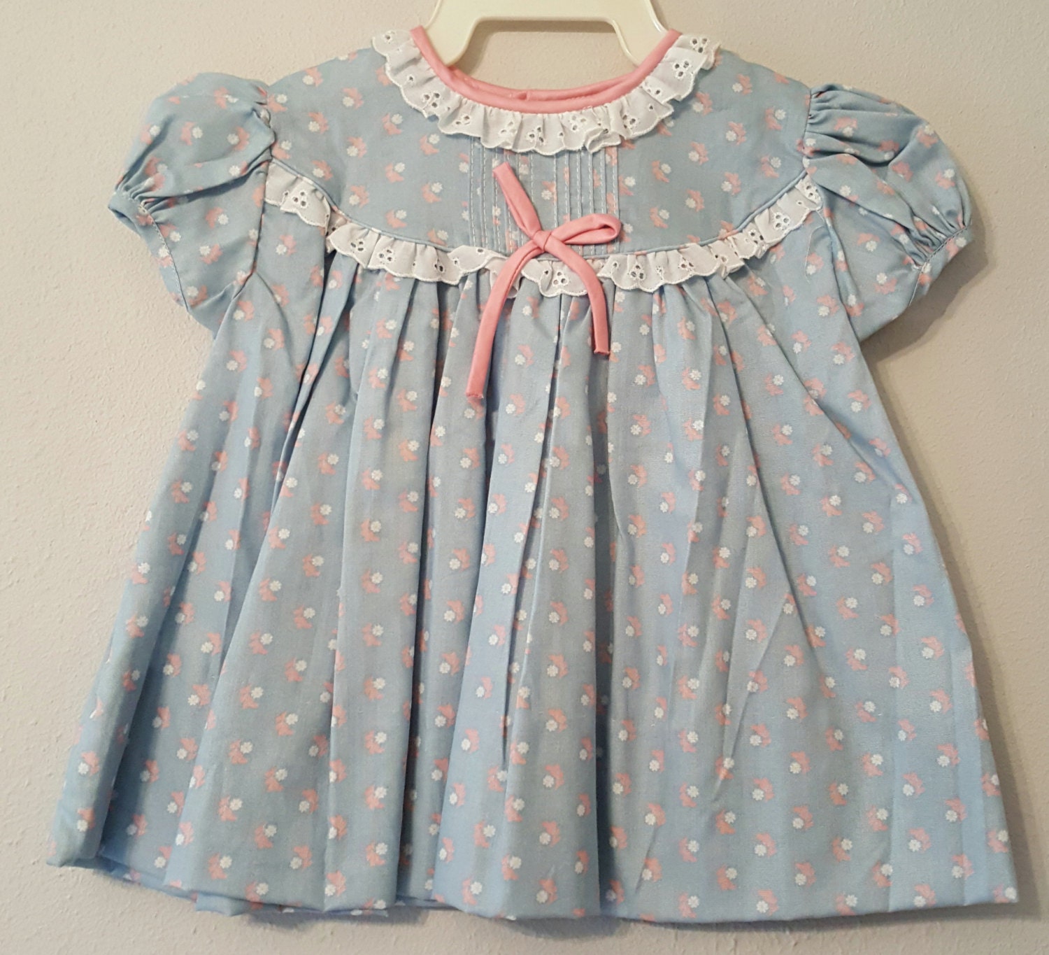 Vintage Girls Country Blue Floral Dress with Pink Bow by C.I. | Etsy