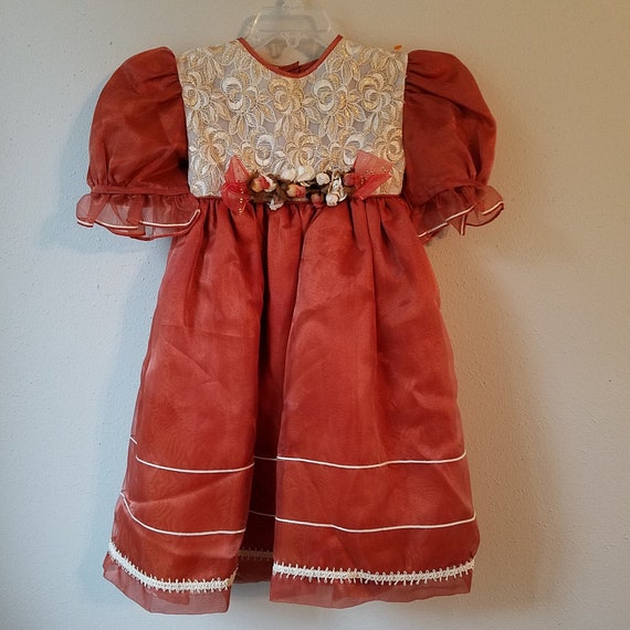 Vintage Sheer Brown Party Dress: Floral Lace Trim, Size 2T