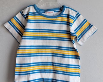 Vintage Girls Blue and Yellow Striped T-shirt for Health-Tex by Stantogs- Size 7- Tween School Shirt- 60s 70s Classic- Everyday- Play Tee