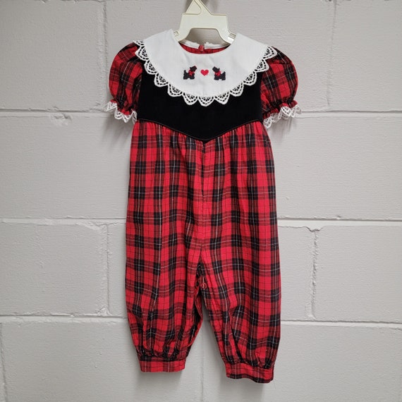 Vintage Girls Red and Black Plaid Romper with Sco… - image 1