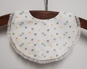 Vintage Baby Bib in White with Embroidered Blue Daisies Trimmed in Lace- Newborn size- Made in Switzerland- Shower Gift- Classic- unisex