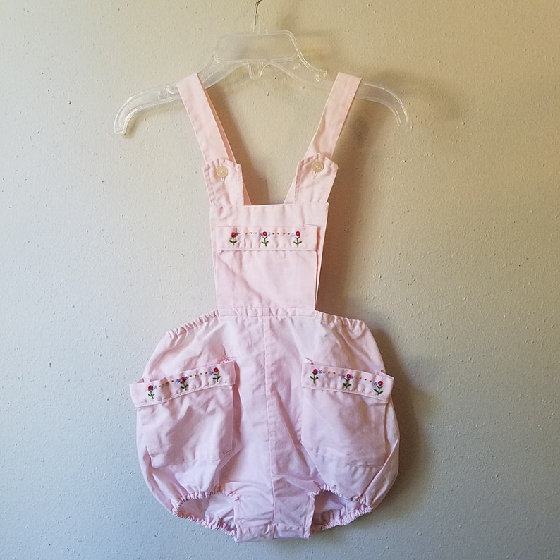 Size 18 months Vintage 1950s Girls Pink Romper with Embroidered Flowers by Gluckspilz Gently Worn