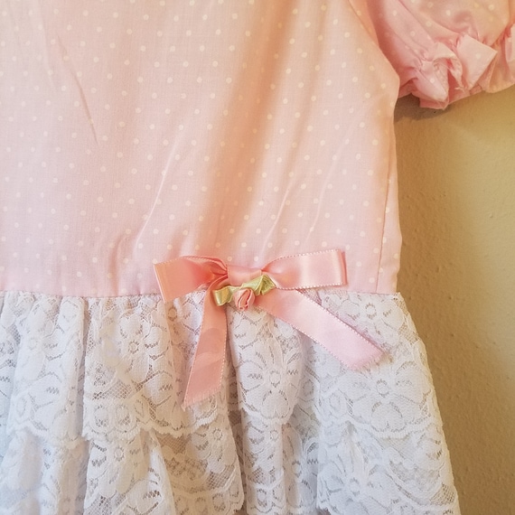 Vintage Girls Pink Dotted Dress with Tiered Ruffl… - image 2