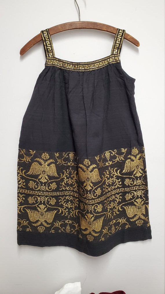 Vintage Girls Black Linen-like Dress with Gold Et… - image 4