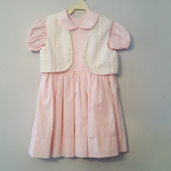 Vintage Girls Pink Dress and White Lace Vest  - S… - image 1