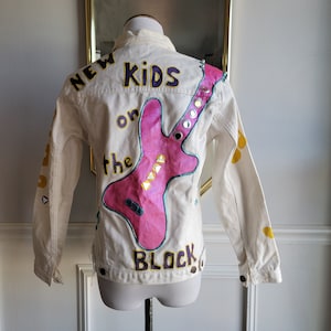 Vintage Girls Hand-Painted New Kids on the Block White Denim Jacket- Size 14- NKOTB- 80s Rock Boy Band- Teen Beat- Mirrors- Puff Paint