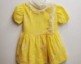 Vintage 50s Girls Sheer Yellow  Flocked Dress with Asymmetrical Ruffle- Size 4t- Gently Worn- Classic Party Dress- Easter Wedding Flower