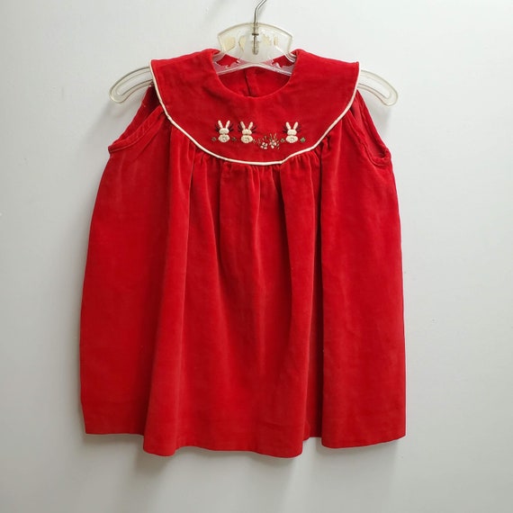 Vintage Girls Red Velvet  Dress with Embroidered … - image 1