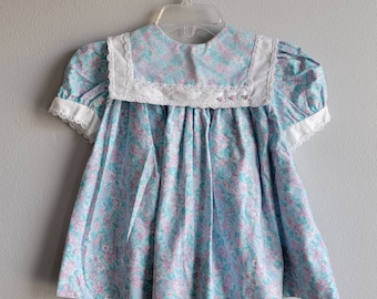 Vintage Girls Pastel Floral Dress with Lace Collar by Polly Flinders - Size 18 months- Gently Worn- Flower Girl- Easter Dress 80s Party