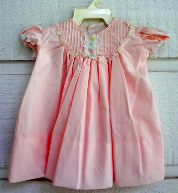 Vintage Girls Pink Dress with flowers and lace tr… - image 1