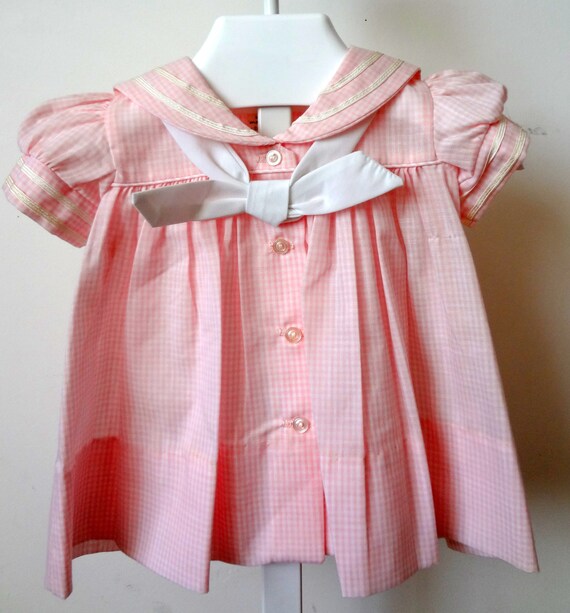 Vintage Girls Pink Gingham Check Sailor Dress-  A… - image 1