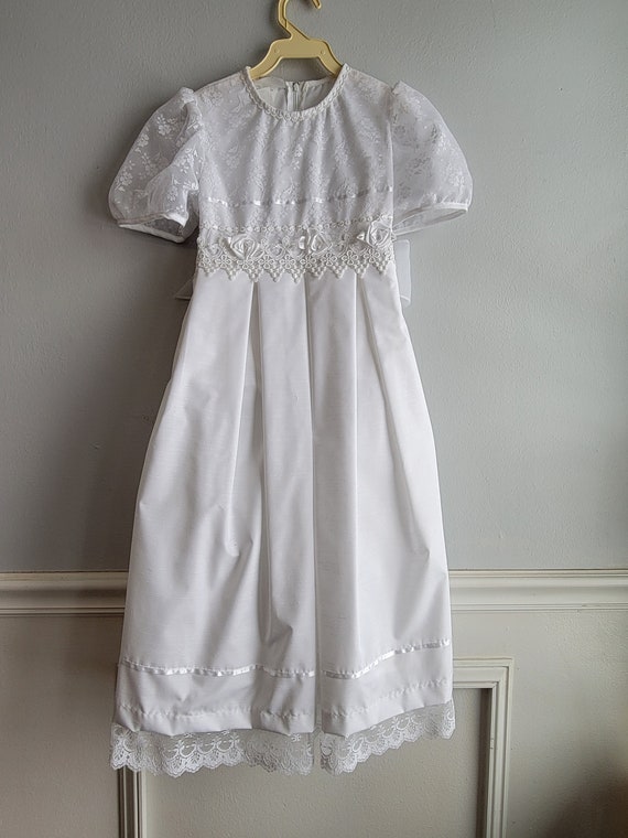 Vintage Girls Long White Dress with Lace by Bonnie
