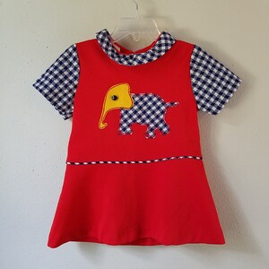 Vintage 60s Girls Red Polyester Dress with Elephant and Plaid Trim- Size 4t- Gently Worn- Party Dress- Drop Waist