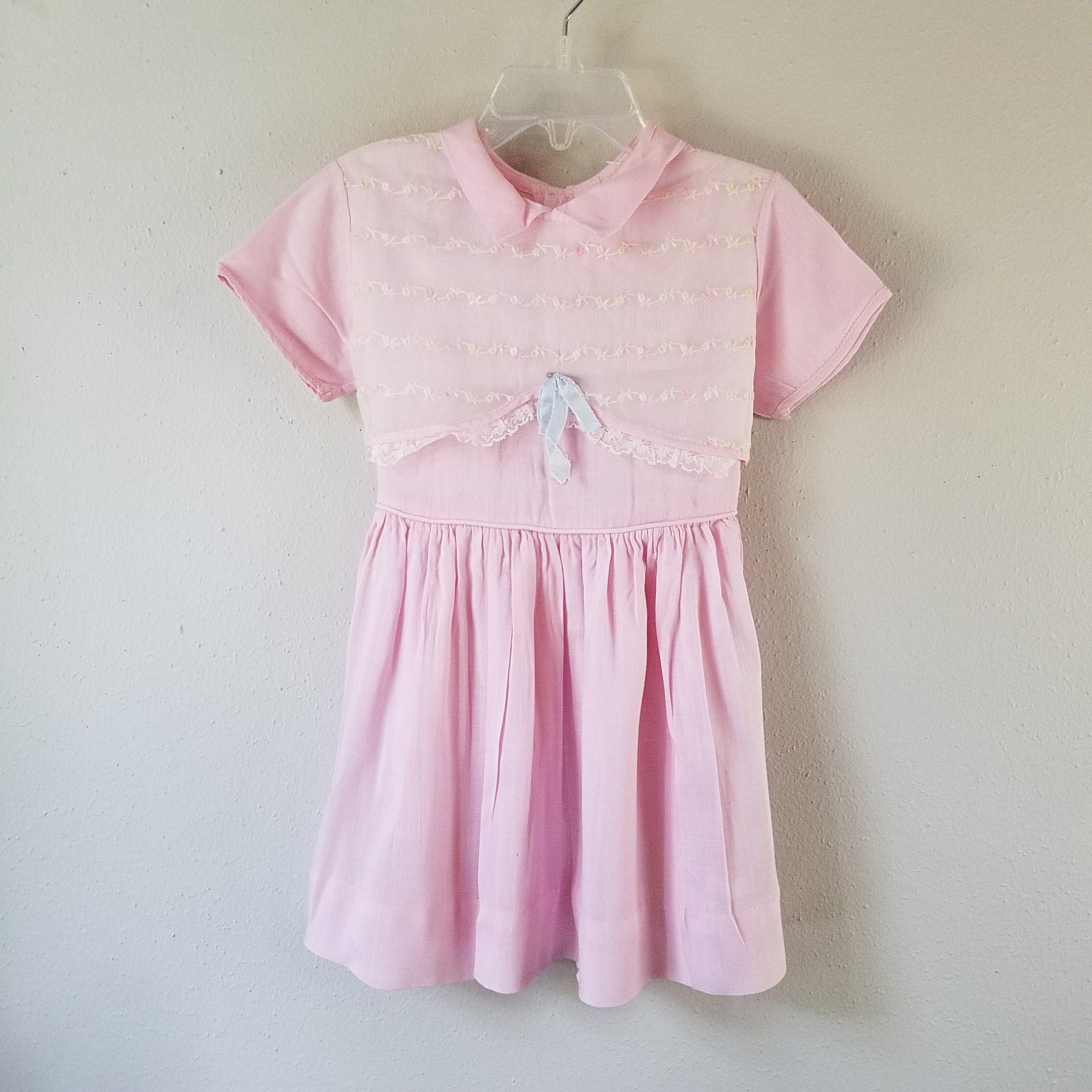 Vintage 1950's Girls Pink Dress with Sheer Embroidered Overlay- Size 3t- Gently Worn- Cotton Party Dress- Wedding Flower Girl