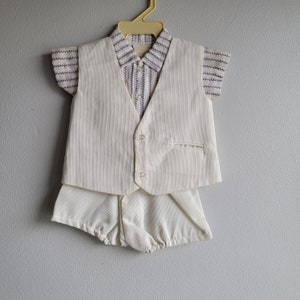 Vintage Boys 3 piece Outfit in White Pique Vest, Overalls, and Blue and White Shirt by C.I. Castro - Size 12 months- New, never worn Party