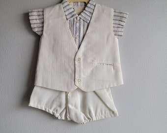 Vintage Boys 3 piece Outfit in White Pique Vest, Overalls, and Blue and White Shirt by C.I. Castro - Size 12 months- New, never worn Party