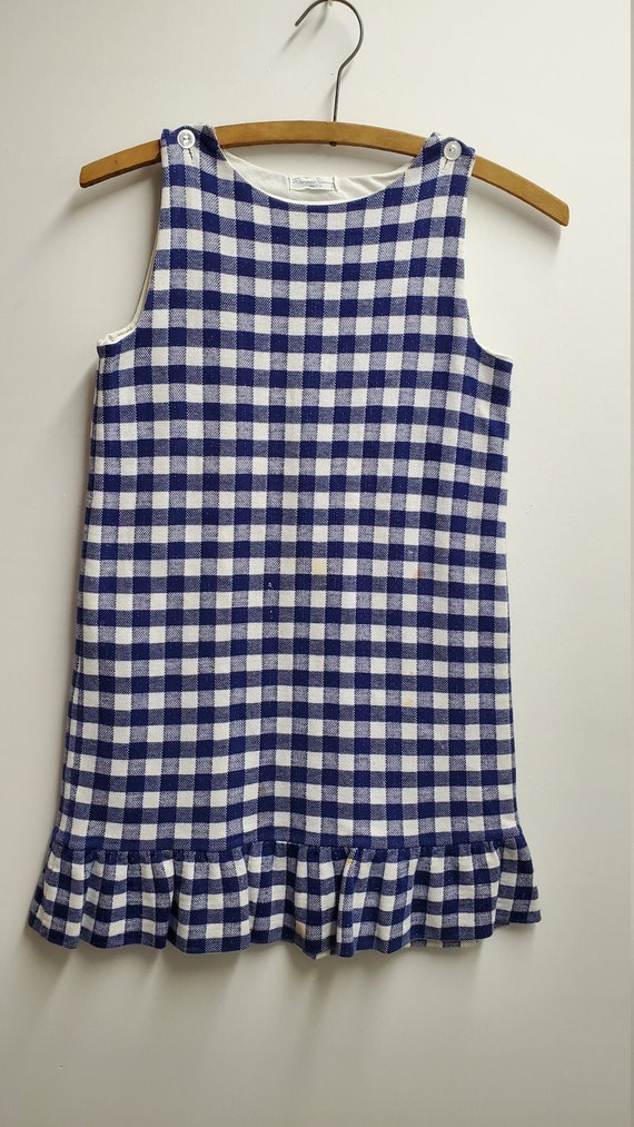 Vintage Girls Blue and White Gingham Plaid Heavy … - image 1