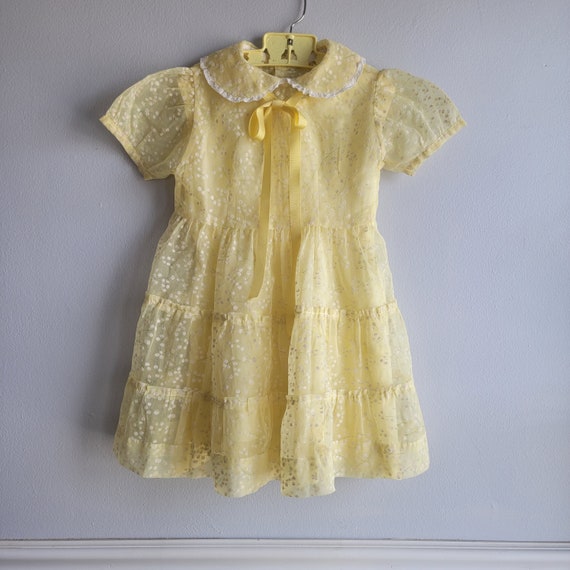 Vintage 50s Girls Sheer Yellow Dress with Flocked… - image 1