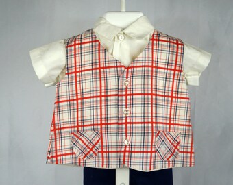 Vintage Boys C.I. Castro 3 Piece Outfit with Plaid Vest, White Shirt, and Navy Blue Shorts- Size 12 months- New, Never worn