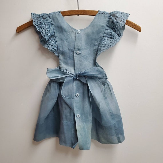 Vintage 50s Girls Sheer Blue Green Pinafore Dress… - image 2